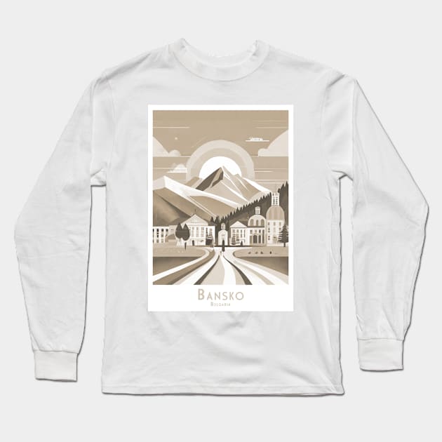 Minimal Vintage Retro Sepia Bansko Bulgaria Poster Long Sleeve T-Shirt by POD24